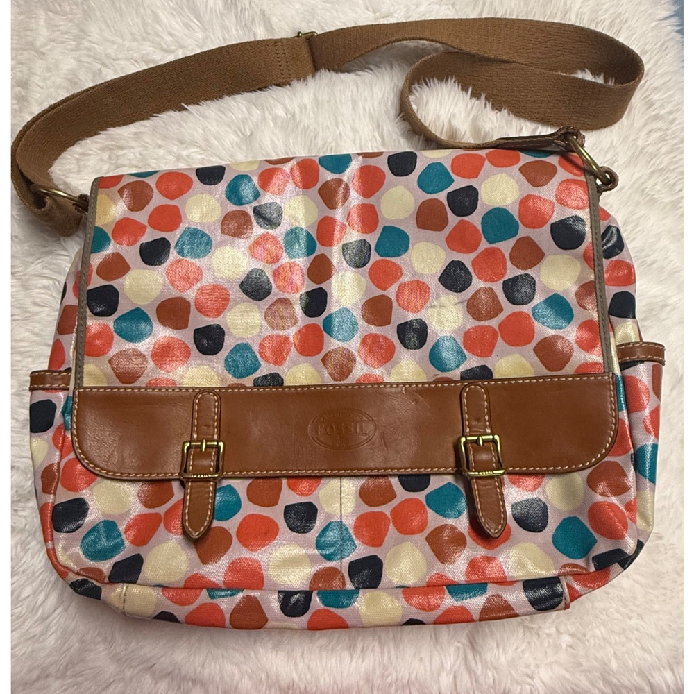 Fossil Key-Per Messenger Bag Coated Canvas Polka Dots Purse Laptop 16"X13" Bin - Picture 2 of 16